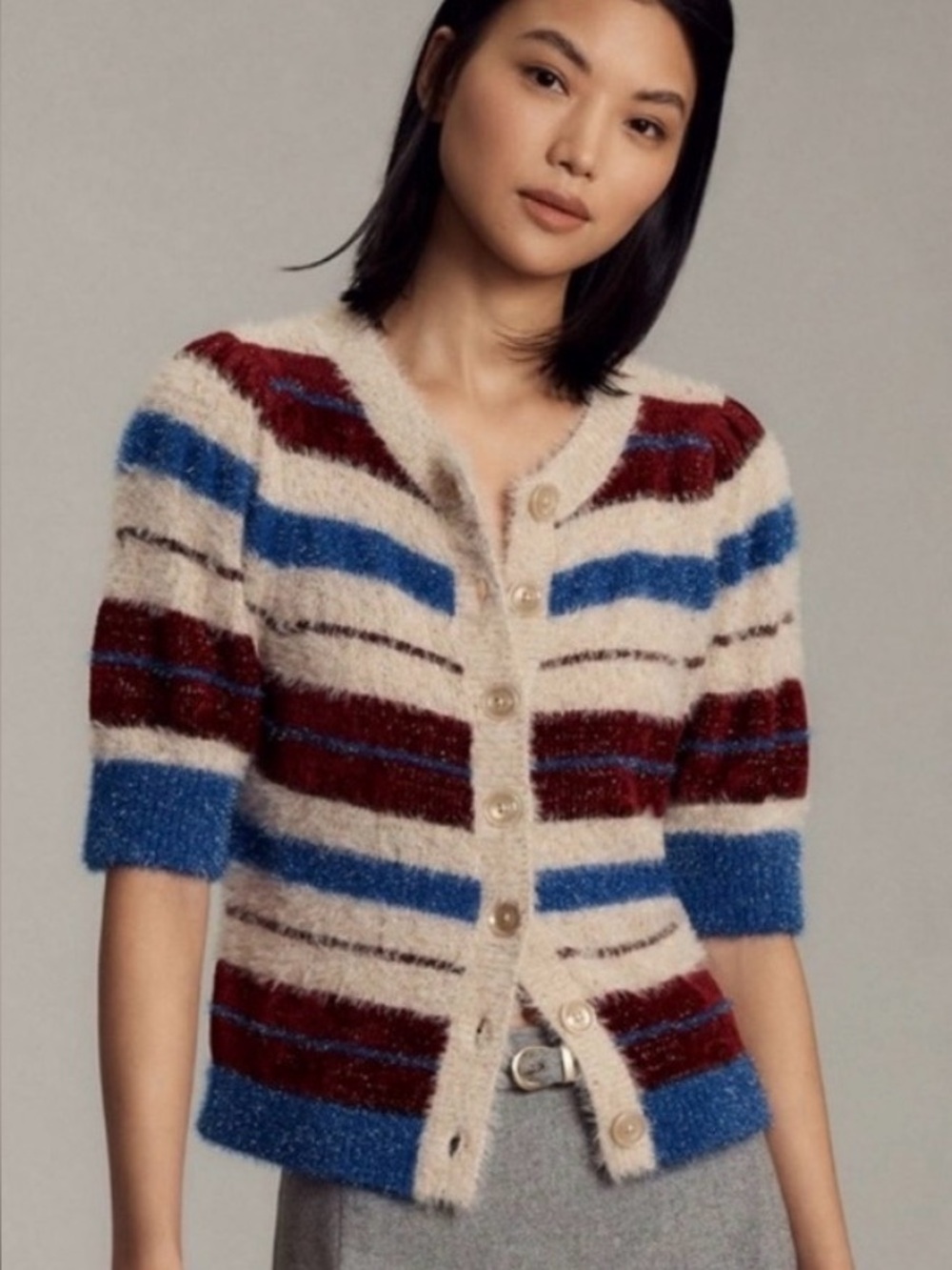Maeve Striped Fuzzy Short Sleeve Cardigan Sweater Large Anthropologie